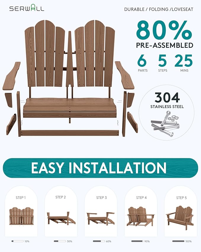 SERWALL 2 Person Adirondack Loveseat, HDPE All-Weather Folding Adirondack Bench Chair, Outdoor Adirondack Chair Set of 4, Brown