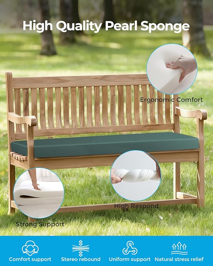 Outdoor Waterproof Bench Cushions 44x16x2 inches, Comfortable Cushion For Patio Porch Swing Garden Furniture Bench, High-Density Seat Cushion With Anti-Slip Bottom, Indoor Sofa Bay Window (Dark Green)