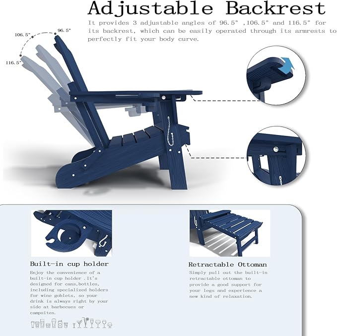 Folding Adjustable Adirondack Chairs with Ottoman & 1 Cup Holders, HDEP Multifunctional Adirondack Chair with Footrest,Navy Blue