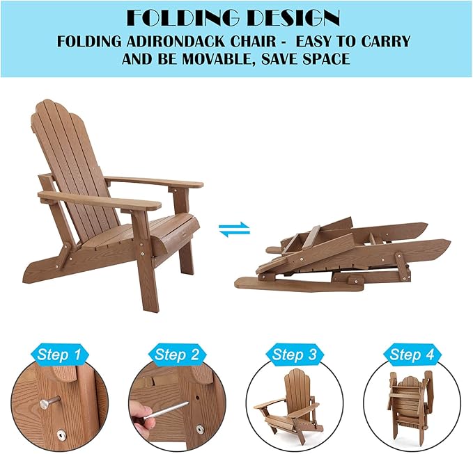 hOmeHua Folding Adirondack Chair Weather Resistant, Hard Plastic Imitation Wood Stripes Adirondack Chair, Easy to Fold Move & Maintain, Outdoor Chair for Patio, Backyard Deck, Fire Pit - Wood Color