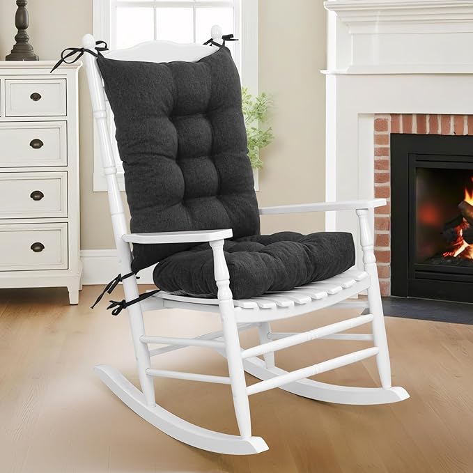 Lokex Rocking Chair Cushion 4 Inch Extra Thick, Cushions for Rocking Chairs Set of Seat and Back with Ties, Linen Fabric Indoor Outdoor Rocker, 17x21 & 17x17 Inches (Black)