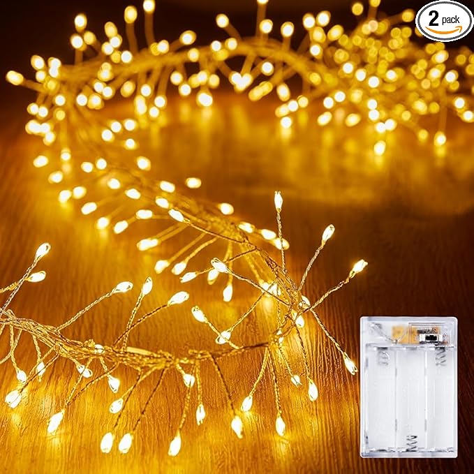 2 Pack 10 Ft Battery Operated Fairy Lights, 120LEDs Firecracker String Lights, Silver Wire Starry Firefly Light for Bedroom Home Weeding DIY Wreath Indoor Outdoor Christmas Decorations, Warm White