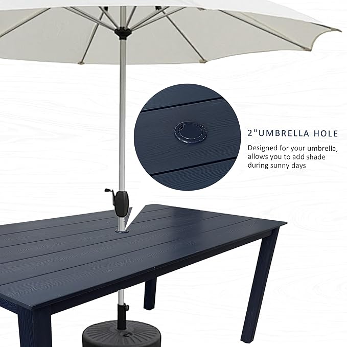 Poly Lumber Patio Dining Set, HIPS Outdoor 70.9-Inches Table and Slat Back Chairs, with Umbrella Hole, Weather Resistant (Navy Blue, 7 Piece)