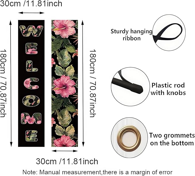 2pcs Welcome Summer Door Banner Hawaiian Porch Banners Sign Floral Summer Hibiscus Front Door Hanging Decor Banner for Seasonal Home Hawaii Tropical Party Outdoor Decorations