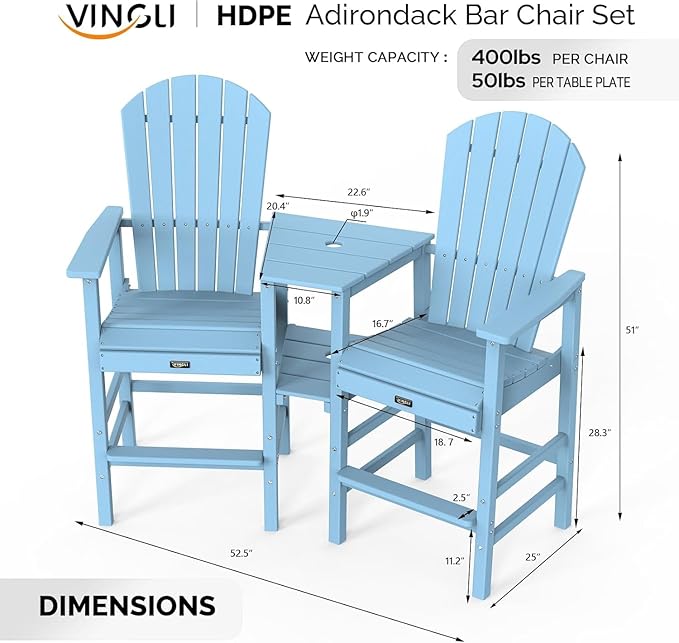 VINGLI Tall Adirondack Chairs Set of 2 with Dual Trays, All-Weather HDPE Outdoor BarStools Poly Deck Chairs for Patio, Poolside and Balcony (Blue)