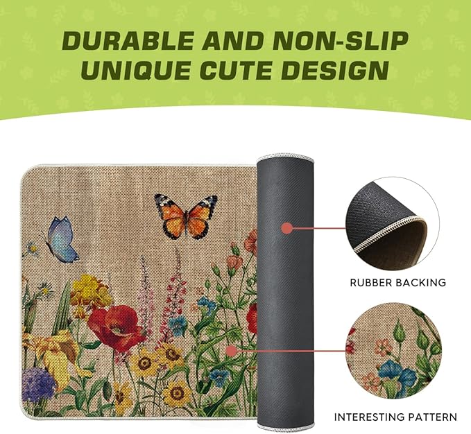 Artoid Mode Wood Flowers Butterfly Spring Doormat, Home Summer Decor Low-Profile Switch Rug Door Mat Floor Mat for Indoor Outdoor 24x35 Inch