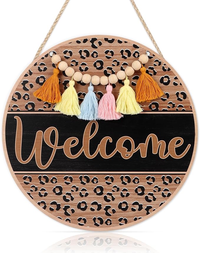 HLNIUC Welcome Hanging Sign Plaque(11”x11”) Rustic Farmhouse Hanging Plaque,Welcome Door Hanger with Beads Tassels,Minimalist Office Wooden Signs,Funny Front Wood Sign for Porch Home Outdoor Indoor