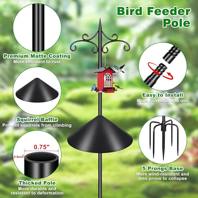 Heavy Duty Double Shepherd Hooks Squirrel Proof for Outdoor with 5-Prong Base, 88inch Adjustable Decorative Metal Bird Feeder Pole with Baffle for Hanging Bird Nests, Plant Baskets,1 Pack