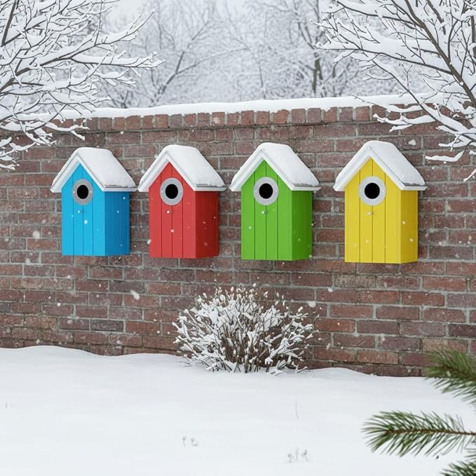 2PK Cedar Bluebird House, Wooden Bird House for Outside, 1.5" Entrance Hole Size, Stainless Steel Entrance Hole Protector, Silver Metal Roof, Colorful Garden Decorative (Green+Blue) Updated Version