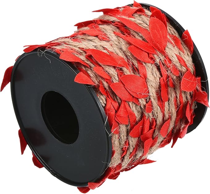 PATIKIL 33ft 5mm Burlap Leaf Ribbon, Braided Decoration Vine Natural Jute Rope Twine with Artificial Leaves for Jungle Wedding Party Home Garden Decor, Red