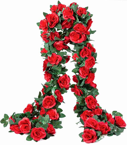2 Pack (16FT) Artificial Rose Vine Fake Flowers Garland Hanging Silk Rose Ivy Plants Vine for Mother's Day Wedding Arch Party Garden Wall Aesthetic Art Décor (Red)
