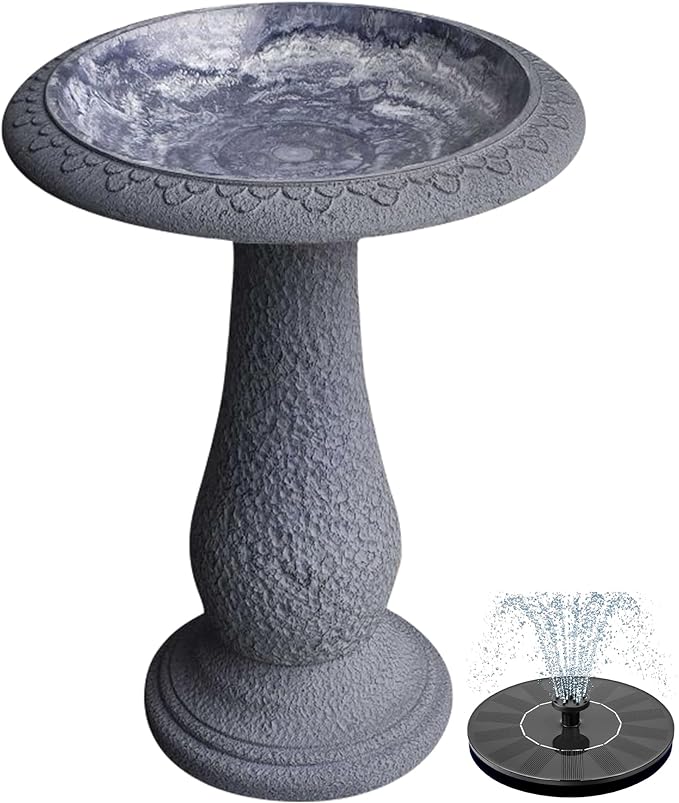 Pedestal Birdbath with Solar Fountain, Resin Stone Composite Outdoor Garden Decor, Standing Bird Bath for Outside Patio Yard, 23-Inch Tall, Garden Fountain, Resin Bird Baths, Hummingbird Bowl