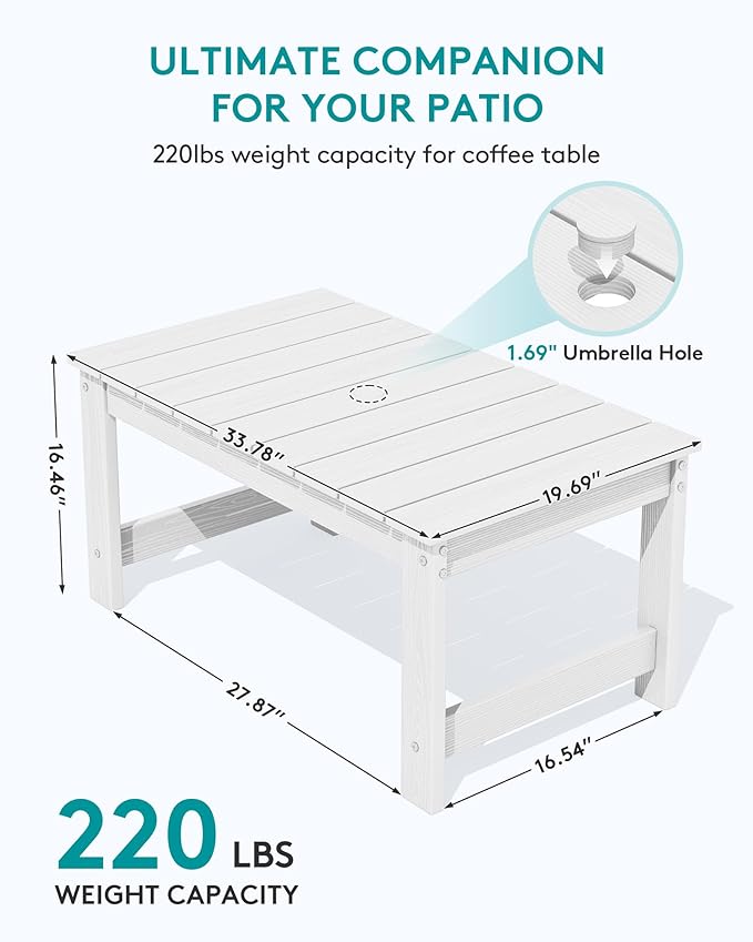 SERWALL 3 Pieces Patio Adirondack Bench Set, 2 Folding Adirondack Bench & 1 Coffee Table with Umbrella Hole Set for Front Porch Garden Balcony Backyard, White