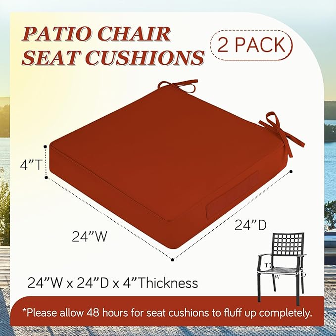 Waterproof Outdoor Chair Cushions Set of 2, Square Outdoor Seat Cushions with Ties and Removable Covers, 24 x 24 Outdoor Cushions for Patio Furniture with Portable Handle(Rust)