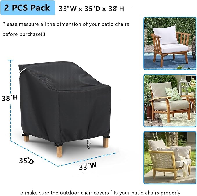 Gasadar Patio Chair Cover - 2 Pack, Patio Furniture Covers Waterproof, Heavy Duty Outdoor Chair Covers, Lawn Outdoor Furniture Cover -33" W x 35" D x 38" H