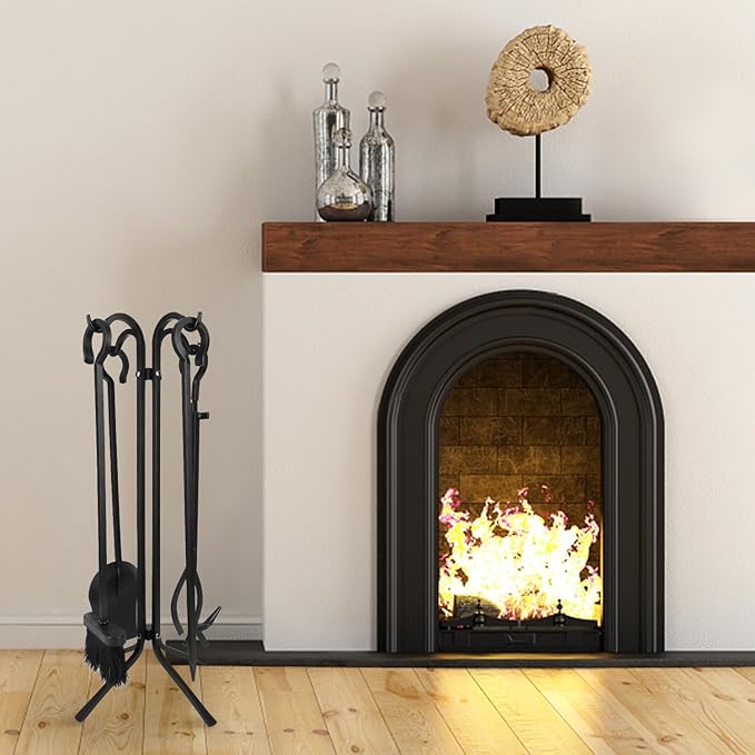 Fireplace Tools Set 5 Piece - Solid Wrought Iron Fire Place Tool Set with Stand, Heavy Duty Indoor Outdoor Fire Pit Accessories Kit, Stable X-Base Black