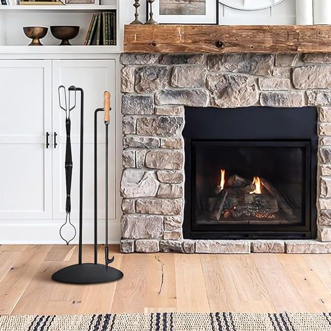 26" Fireplace Fire Pit Tongs & 32" Fire Pit Poker, Fireplace Wood Stove Firewood Tongs, Black Heavy Duty Wrought Iron Log Grabber Tools for Campfire, Bonfires, Indoor & Outdoor Use