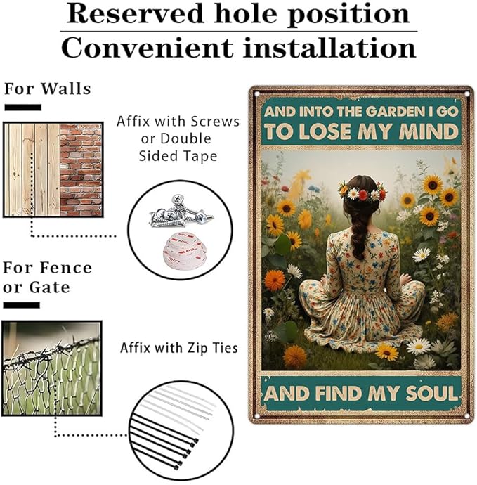 Funnysign Garden Gifts Vintage Metal Tin Sign – “And Into the Garden I Go to Lose My Mind and Find My Soul” Rustic Floral Wall Art for Home, Patio, Garden Décor – 8x12 Inches (9849)