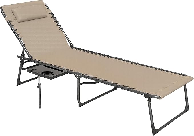 Outsunny Folding Chaise Lounge Chair Outdoor Tanning Chair with Side Table, 5-Level Adjustable Beach Lounge Chair with Headrest, Side Pocket for Patio, Backyard, Beach, Poolside, Beige