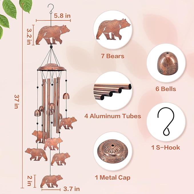 Bear Wind Chimes for Outside,Bear Gifts for Women/Men/Sympathy Gift/Memorial/Festival Birthday Metal windchimes Outdoors/Indoors,Patio,Garden Decor,Yard,Home Decor,Porch