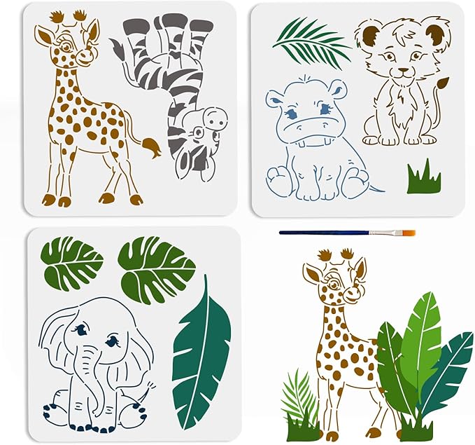 MAYJOYDIY 3pcs Small Animal Stencils Giraffe Zebra Lion Rhinoceros Elephant Tropical Leaves Painting Stencils 11.8×11.8inch with Paint Brush DIY Craft for Wood Wall Fabric Decors