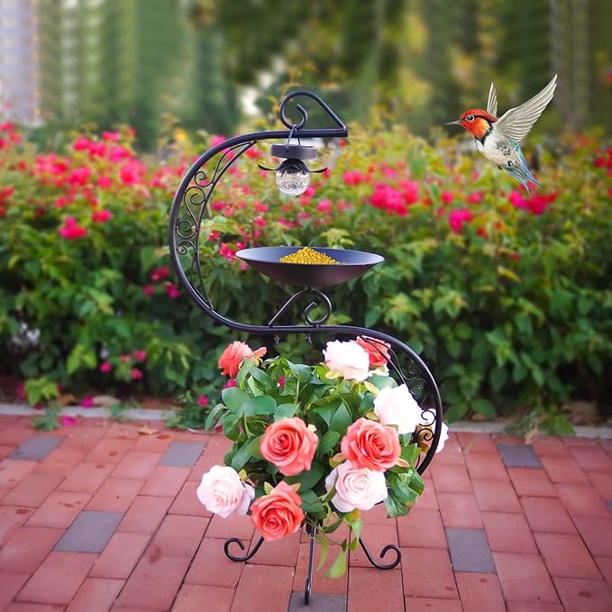 HONGLAND Bird Baths for Outside with Solar Lights, 36" Black Metal Birdbaths for Outdoors, Antique Bird Feeders with Flower Planter Pedestal for Garden, Yard, Patio Decor