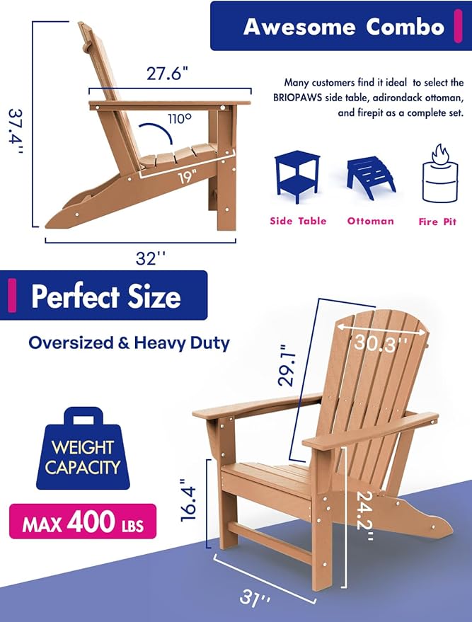 BRIOPAWS Adirondack-Chairs-Set of 6 | Fire Pit Chair | Oversized | HDPE Plastic | Weather Resistant | for Deck Outdoor Poolside Campfire | Teak