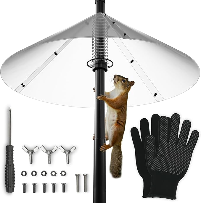 Premium Squirrel Baffle for Bird Feeder Pole Chew Proof Squirres Guard with Spring for Better Defense 19 Inch Outside Mount for Bird Feeders Raccoon Rodent Stopper Garden Accessories Backyard