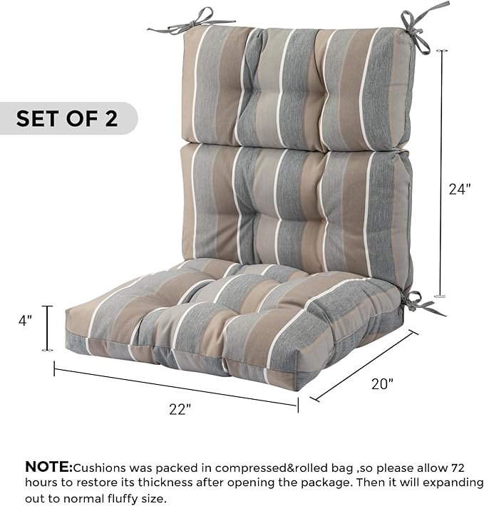 Outdoor High Back Chair Cushions Set of 2,Reversible Lawn Chair Cushion 44 x22 inch,Water Resistant Tufted Adirondack Chair Cushion,for Garden Rocking Chair,Patio Furniture(Gray Stripe)