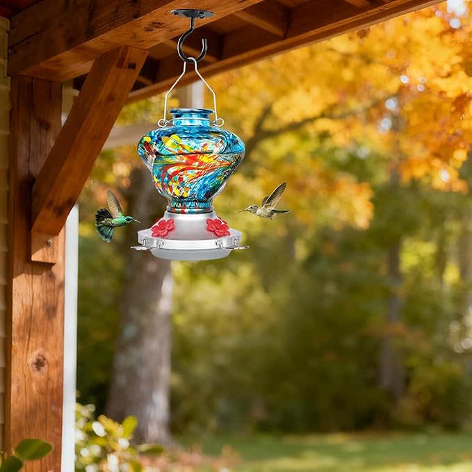 Hummingbird Feeder for Outdoors with Ant Moat, Blue Hummingbird Feeder, Hand Blown Twisted Glass, 4 Bee Guard Feeding Ports with Perch, Outdoor Décor, 16OZ, Gifts for Mom Wife Dad Men Women
