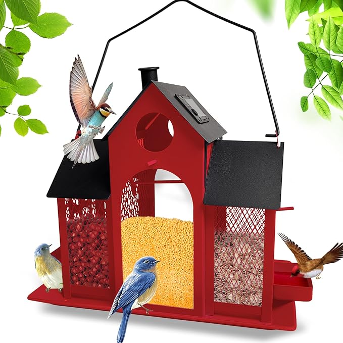 Solar Bird Feeder House for Outside Hanging, Large Capacity Birdhouse Bird Feeders Hanging for Outdoors, Metal Mesh Wild Birdfeeder for Finch Cardinal (Red and Black)