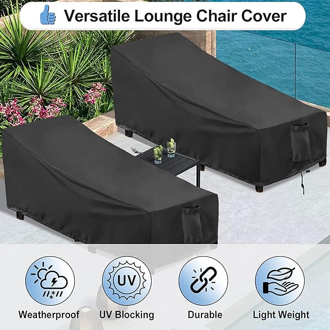 OutdoorLines Outdoor Waterproof Patio Chaise Lounge Chair Cover - UV Resistant Lounger Covers Heavy Duty Weatherproof Patio Sofa Furniture Covers, 2 Packs, 64Wx28Dx30H Inches, Black