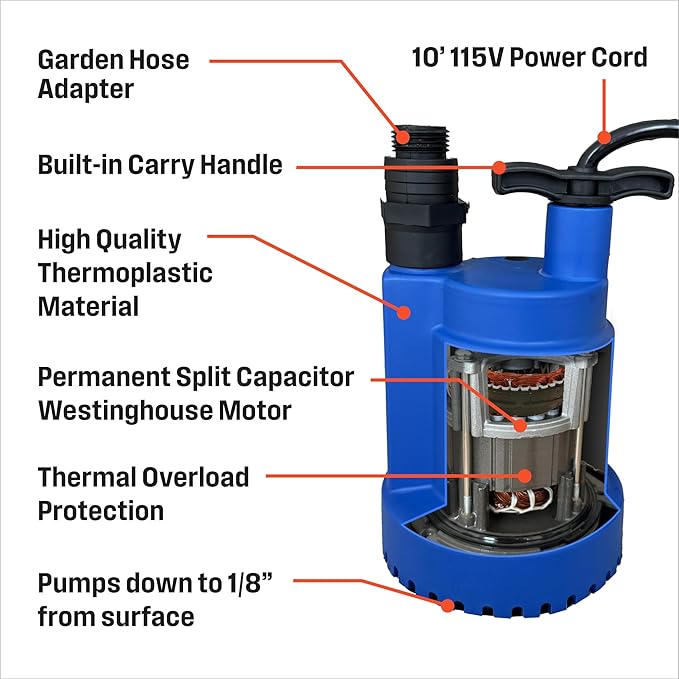 Westinghouse Sump Pump 1/4 HP 25 GPM Submersible Water Pump Thermoplastic Portable Utility Pump High Flow Water Removal for Swimming Pool Garden Pond Basement Window Wells with 10ft Long Power Cord
