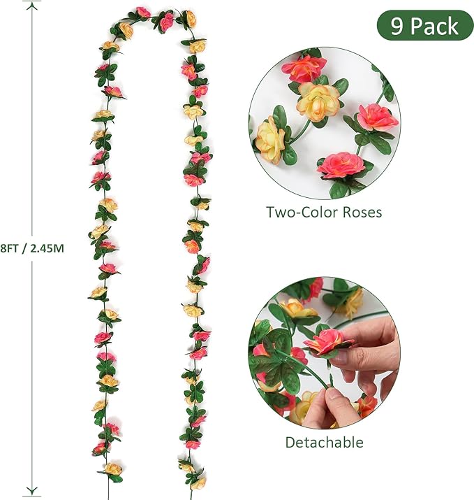 KHOYIME 9 Pack 72 FT Artificial Flower Garland, Fake Champagne Roses Vines Silk Flowers Faux Outdoor Hanging Floral Ivy Garland Decoration for Wedding Arch Bedroom Home Wall Backdrop Room Decor