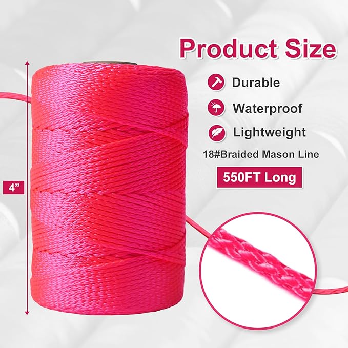 Mason Line String Line,550 Ft Length Nylon Twine,18 Braided Nylon String for Gardening Or Masonry Tools,Twine String for Gardening,Pink