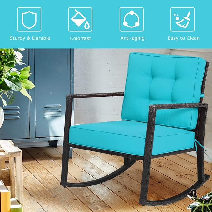 Tangkula Wicker Rocking Chair, Outdoor Glider Rattan Rocker Chair with Heavy-Duty Steel Frame, Patio Wicker Furniture Seat with 5” Thick Cushion for Garden, Porch, Backyard, Poolside (2, Turquoise)