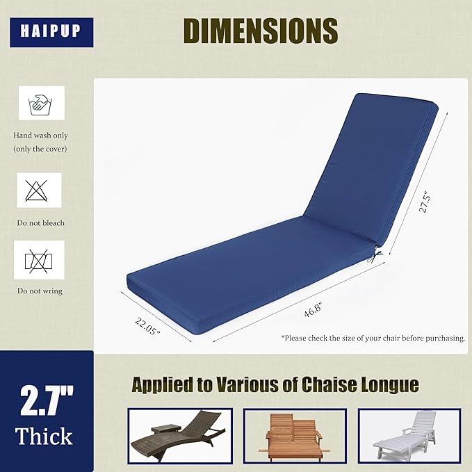Outdoor Chaise Lounge Chair Cushions 2 Pack, Thick Waterproof Patio Pool Lounge Cushions, Fade Resistant (Navy Blue)