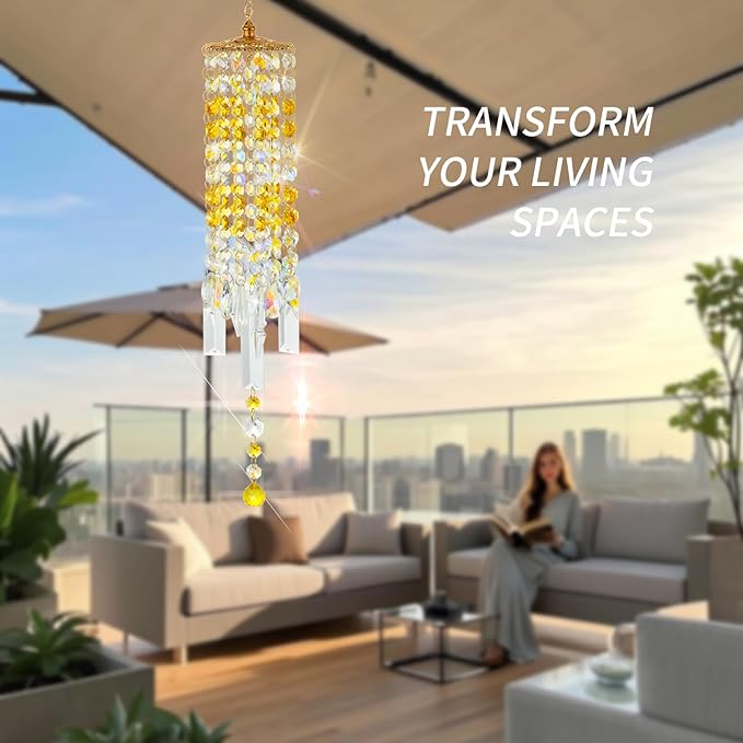 Crystal Wind Chimes for Outside with Rainbow Light Reflections Glass Bells and Rose Gold Alloy Hooks Indoor Outdoor Decor for Home Garden Patio Porch Birthday House Warming (Yellow)