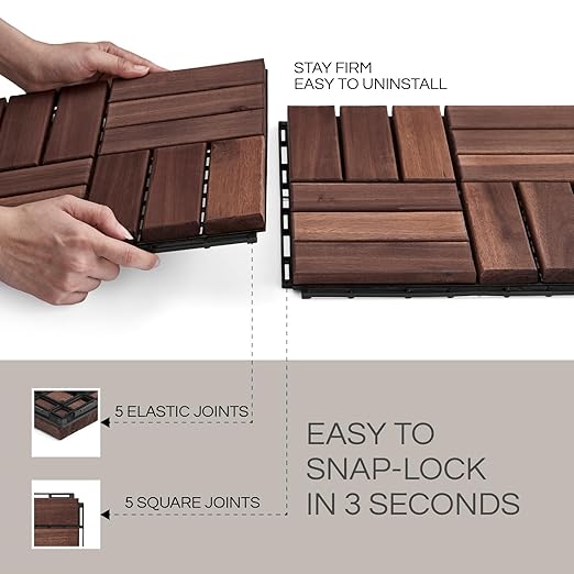 10 Pcs Deck Tiles, Patio Flooring - Outdoor Waterproof Acacia Wood Tiles for All Weather Use - Balcony, Backyard, Indoor & Outdoor (Dark Brown Crossed Pattern, 10 Square Ft)