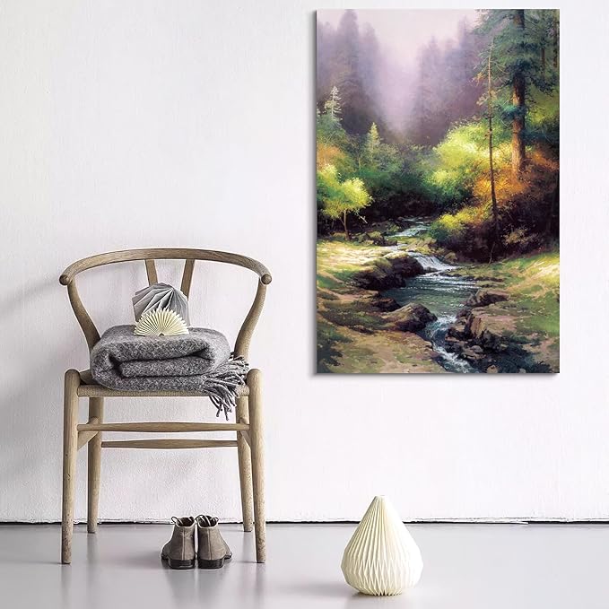 STUDIO HAVEN Thomas Kinkade Canvas Wall Art, Serene Woodland River Cascading Waterfalls Misty Greenery Oil Painting Poster Tranquil Nature Wall Decor, Framed Prints for Home Decor, 28x40Inch