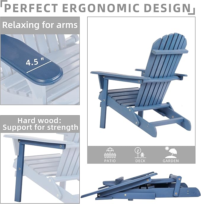 SoliWood Outdoor Wooden Folding Adirondack Chair Set of 6 with Pre-Assembled BackRest, Wood Patio Chair for Garden Backyard Porch Pool Deck Firepit
