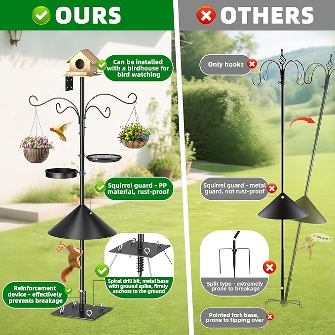 2026 Upgraded Heavy Duty Bird Feeder Pole,92 Inch Squirrel Proof Adjustable Bird Feeding Station,4 Shepherd Hooks for Feeder Stand, Includes Water Bowl and Mesh Tray,for Outdoor Garden & Yard