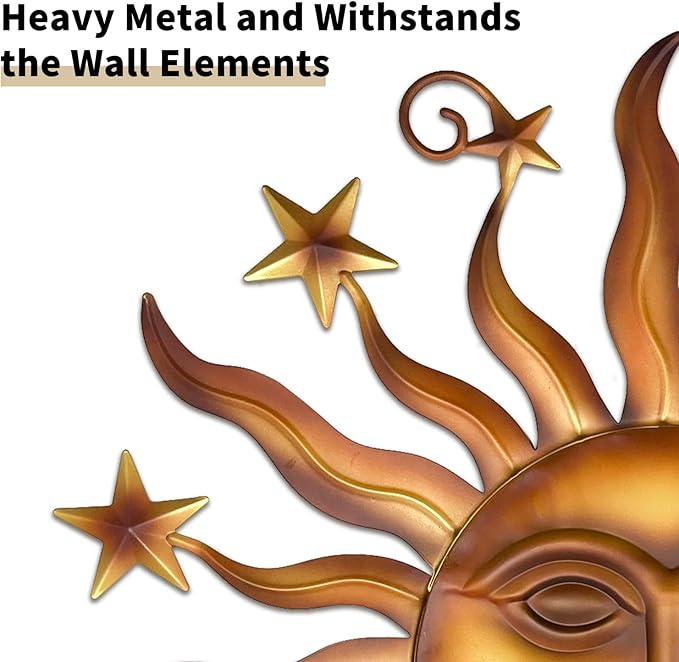 LIFFY 24" Sun Metal Wall Art Outdoor Decor - 3D Sun Face Metal Wall Sculpture - Hanging Decoration Gift Ideal for Home Accent, Bedroom, Garden, Patio, Farmhouse - Lively and Vibrant