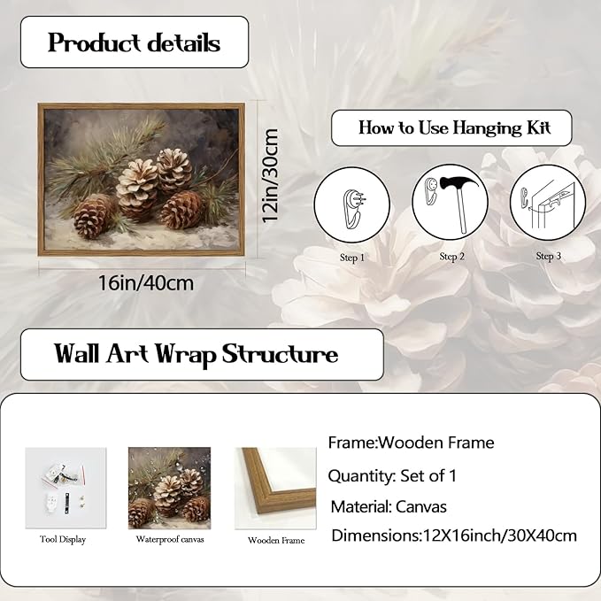 Framed Vintage Christmas Canvas Wall Art, Pine Cones Wall Decor Paintings, Winter Holiday Aesthetic Pictures Prints Rustic Home Decor for Living Room Bedroom Farmhouse 12×16 inch
