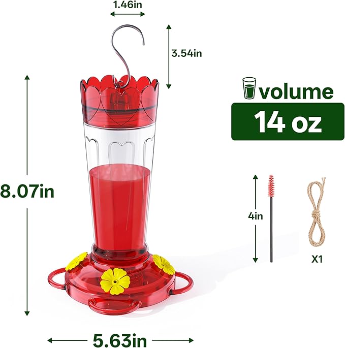 Hummingbird Feeder for Outdoors Hanging, 14 OZ Plastic Hummingbird Feeders, Ant & Bee Proof Leak-Proof Nectar Feeders with 4 Feeding Ports and Perches, Gifts for Mom, Birdlovers