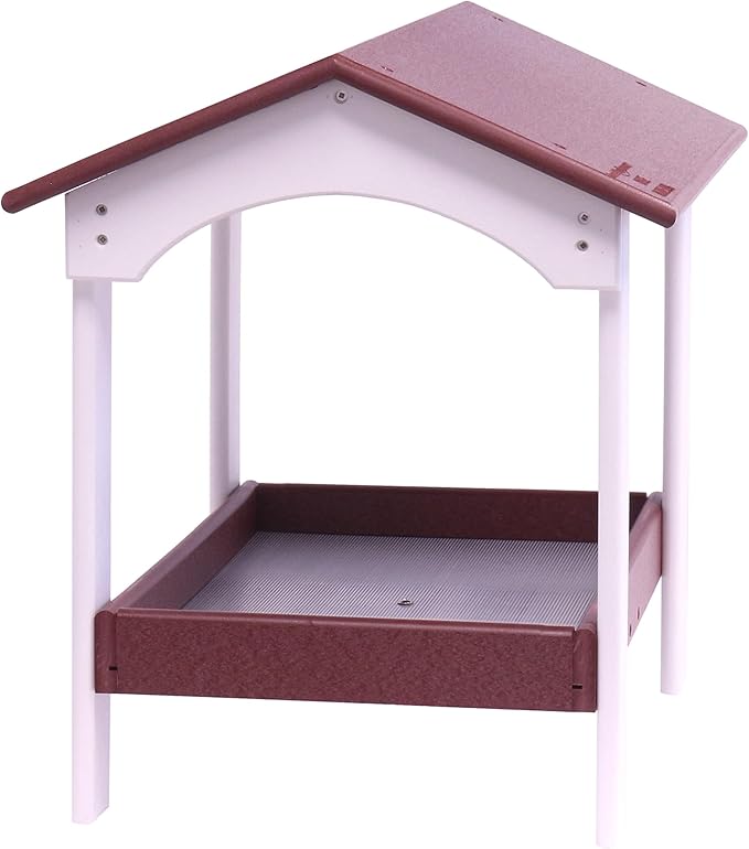 AmishToyBox.com Ground Bird Feeder, Deluxe Fly-Through Covered Feeder for Birds and Squirrels with Screen Mesh Tray (Cherry Wood/White)
