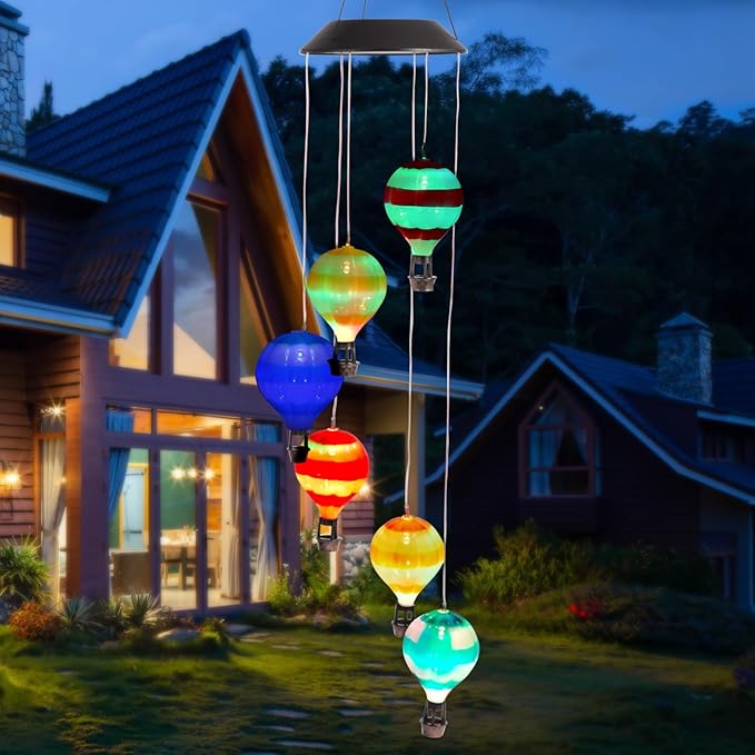 Solar Wind Chimes for Outside, Color Changing Hot Air Balloon Wind Chimes Solar Lights for Outside Garden Outdoor Patio Décor, Mother‘s Day Gifts for Mom Birthday Gifts for Women Grandma Wife Sister