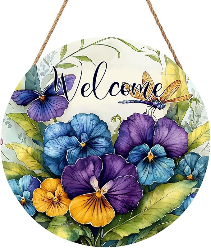 Welcome Spring Blue Purple Flowers Door Sign For Front Door Decor,Pansy Dragonfly Wooden Sign 12"x 12" Round Spring Summer Seasonal Vintage Hanging Door Sign Decoration for Wall Rustic Decor