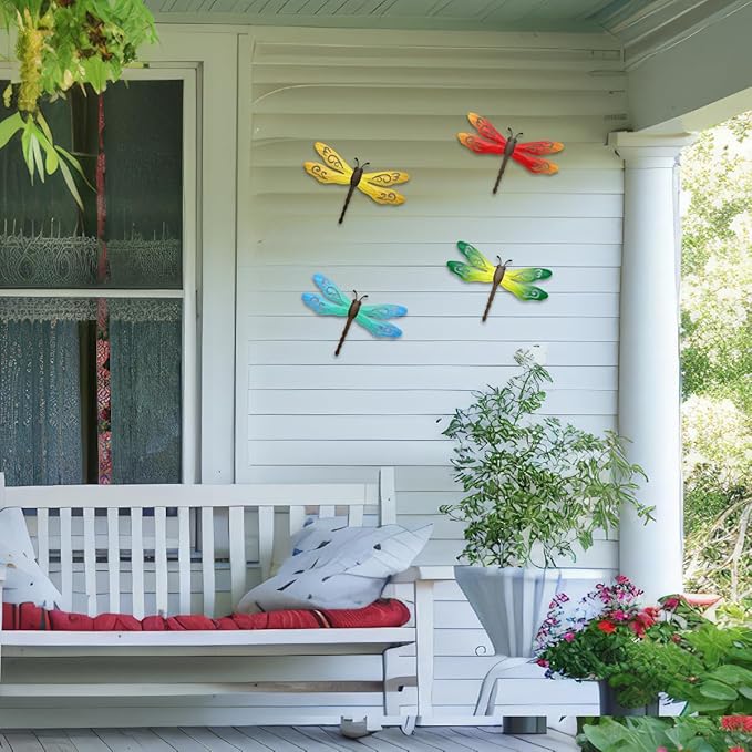 Metal Dragonfly Wall Decor, 4 Pack 14inch Metal Dragonfly Wall Hanging Sculpture Decor for Outdoor, Yard Patio Fence Garden Outside Decorations