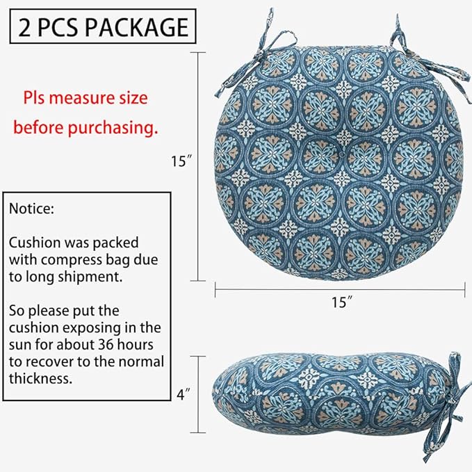 Magpie Fabrics Outdoor Round Bistro Seat Cushions with Ties, 15"x15"x4" Set of 2, Tufted Waterproof Barstool Chair Pads for Patio Home Garden Office, Morgan Medal Print